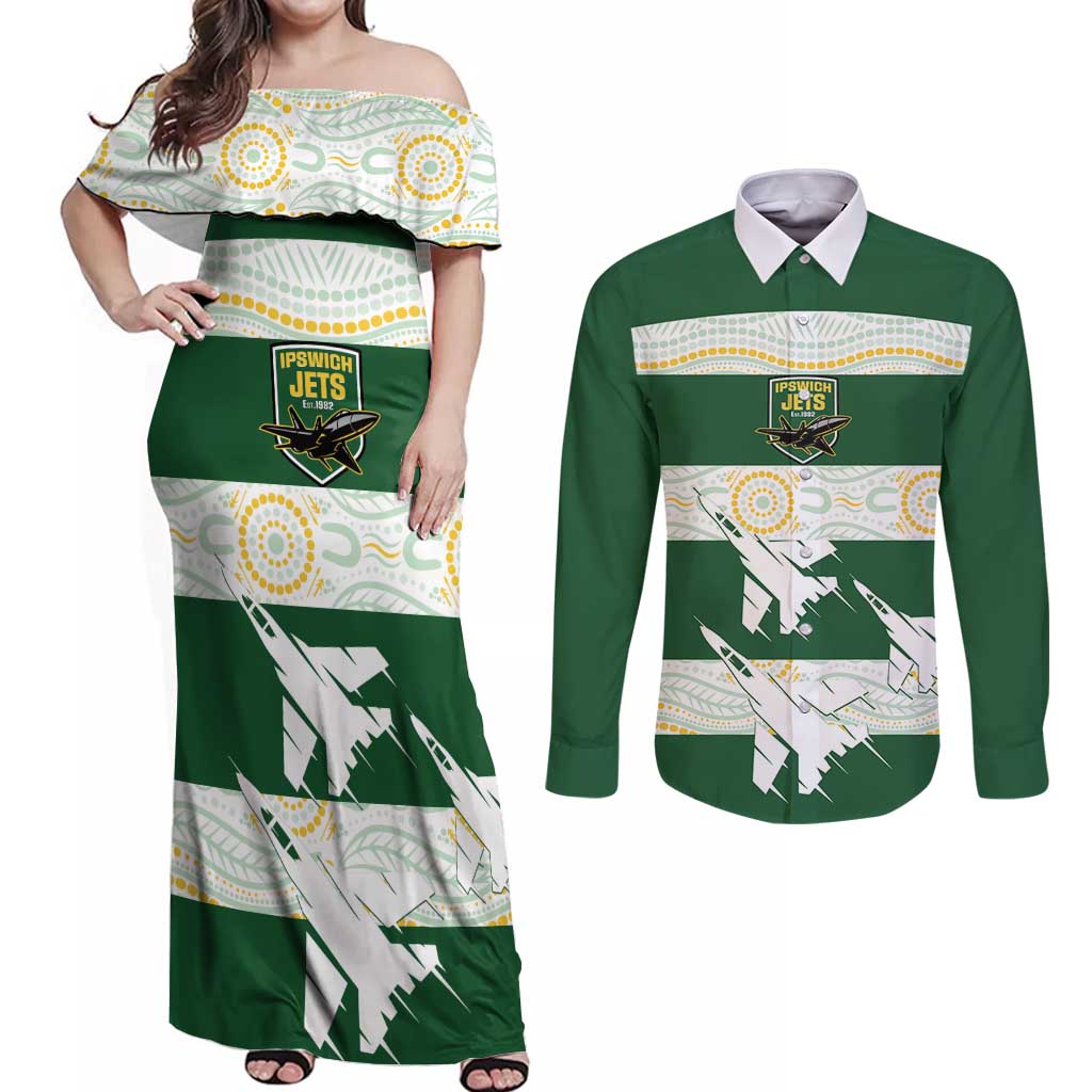 Ipswich Rugby Custom Couples Matching Off Shoulder Maxi Dress and Long Sleeve Button Shirt Go Jets Aboriginal Art - Aussie Hoodie