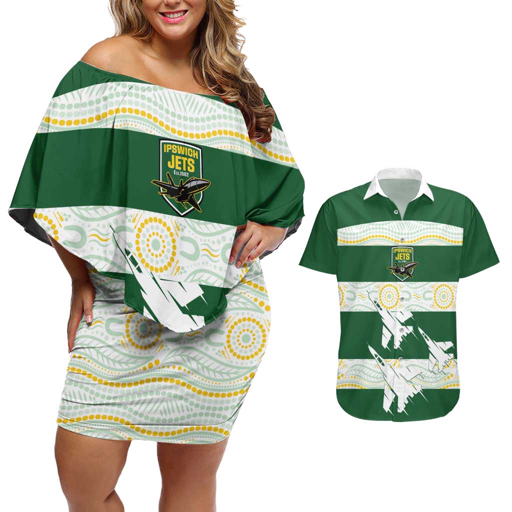 Ipswich Rugby Custom Couples Matching Off Shoulder Short Dress and Hawaiian Shirt Go Jets Aboriginal Art - Aussie Hoodie
