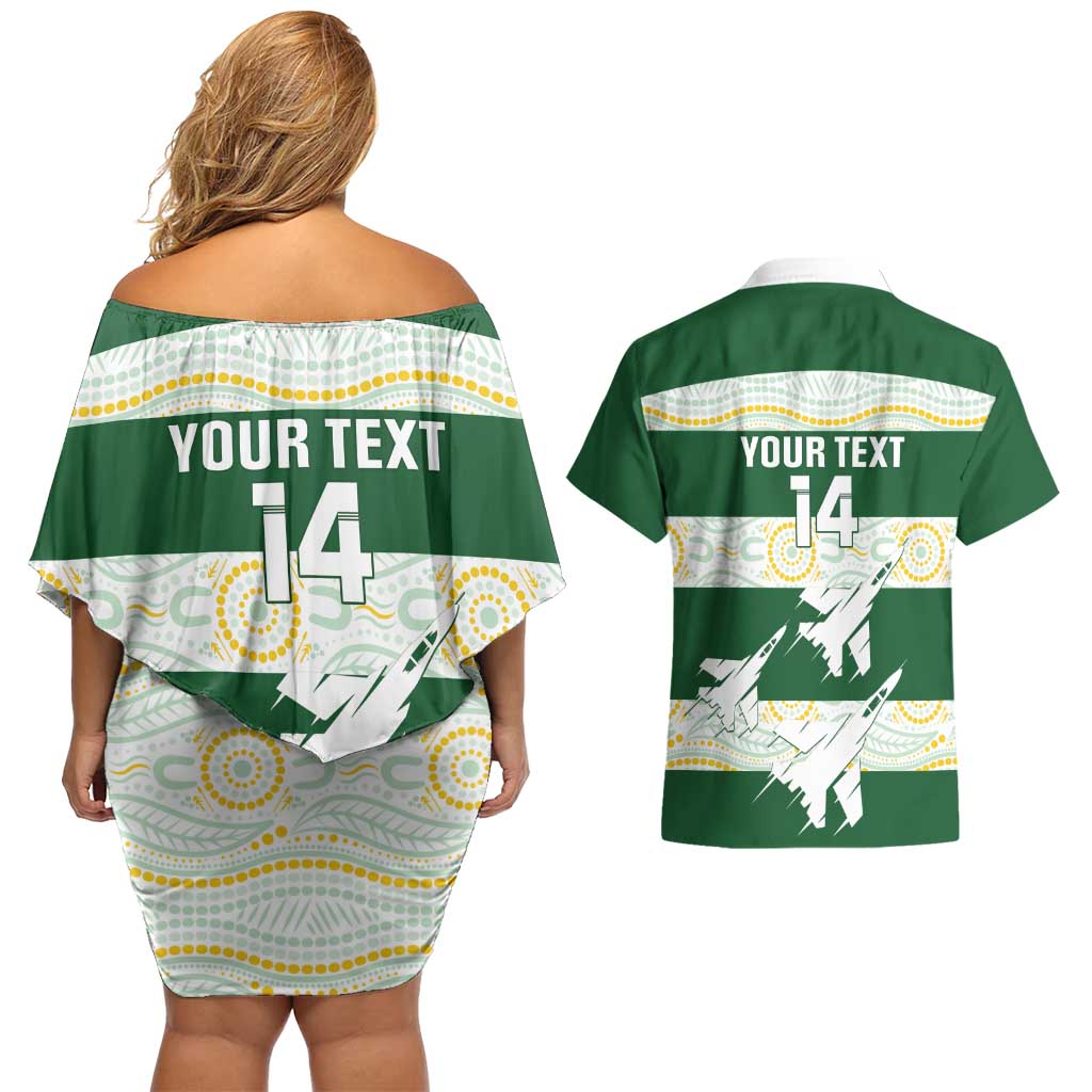 Ipswich Rugby Custom Couples Matching Off Shoulder Short Dress and Hawaiian Shirt Go Jets Aboriginal Art - Aussie Hoodie