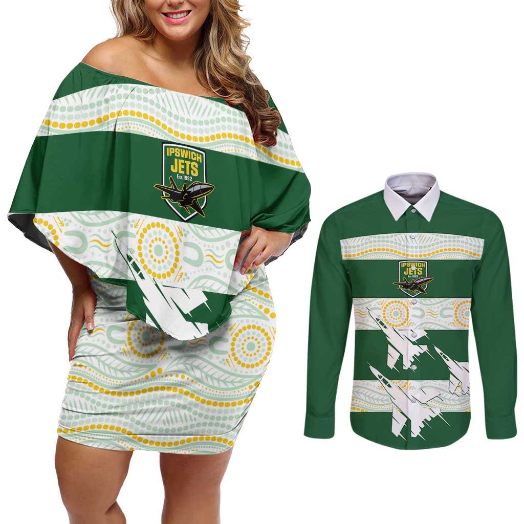 Ipswich Rugby Custom Couples Matching Off Shoulder Short Dress and Long Sleeve Button Shirt Go Jets Aboriginal Art - Aussie Hoodie