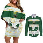 Ipswich Rugby Custom Couples Matching Off Shoulder Short Dress and Long Sleeve Button Shirt Go Jets Aboriginal Art - Aussie Hoodie
