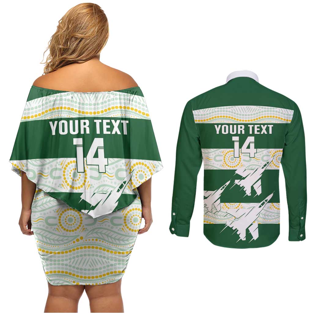 Ipswich Rugby Custom Couples Matching Off Shoulder Short Dress and Long Sleeve Button Shirt Go Jets Aboriginal Art - Aussie Hoodie