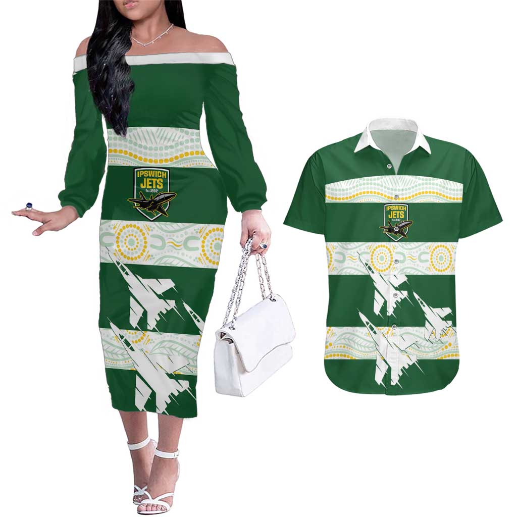 Ipswich Rugby Custom Couples Matching Off The Shoulder Long Sleeve Dress and Hawaiian Shirt Go Jets Aboriginal Art - Aussie Hoodie