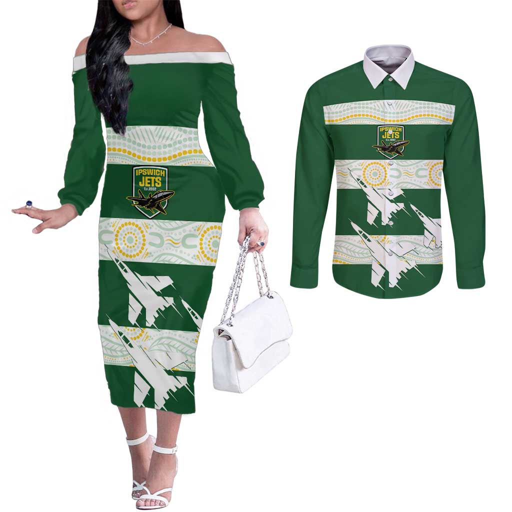 Ipswich Rugby Custom Couples Matching Off The Shoulder Long Sleeve Dress and Long Sleeve Button Shirt Go Jets Aboriginal Art - Aussie Hoodie