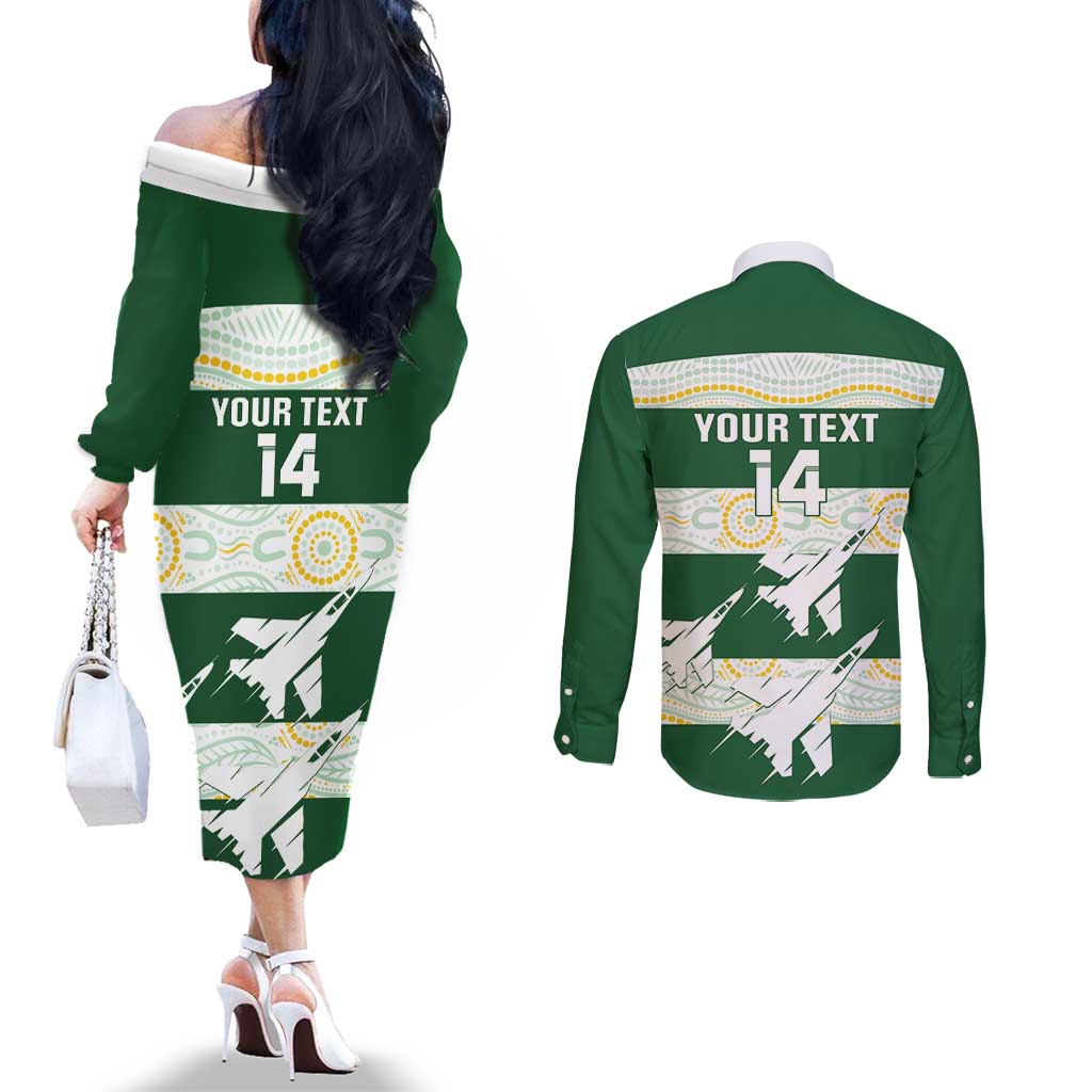 Ipswich Rugby Custom Couples Matching Off The Shoulder Long Sleeve Dress and Long Sleeve Button Shirt Go Jets Aboriginal Art - Aussie Hoodie