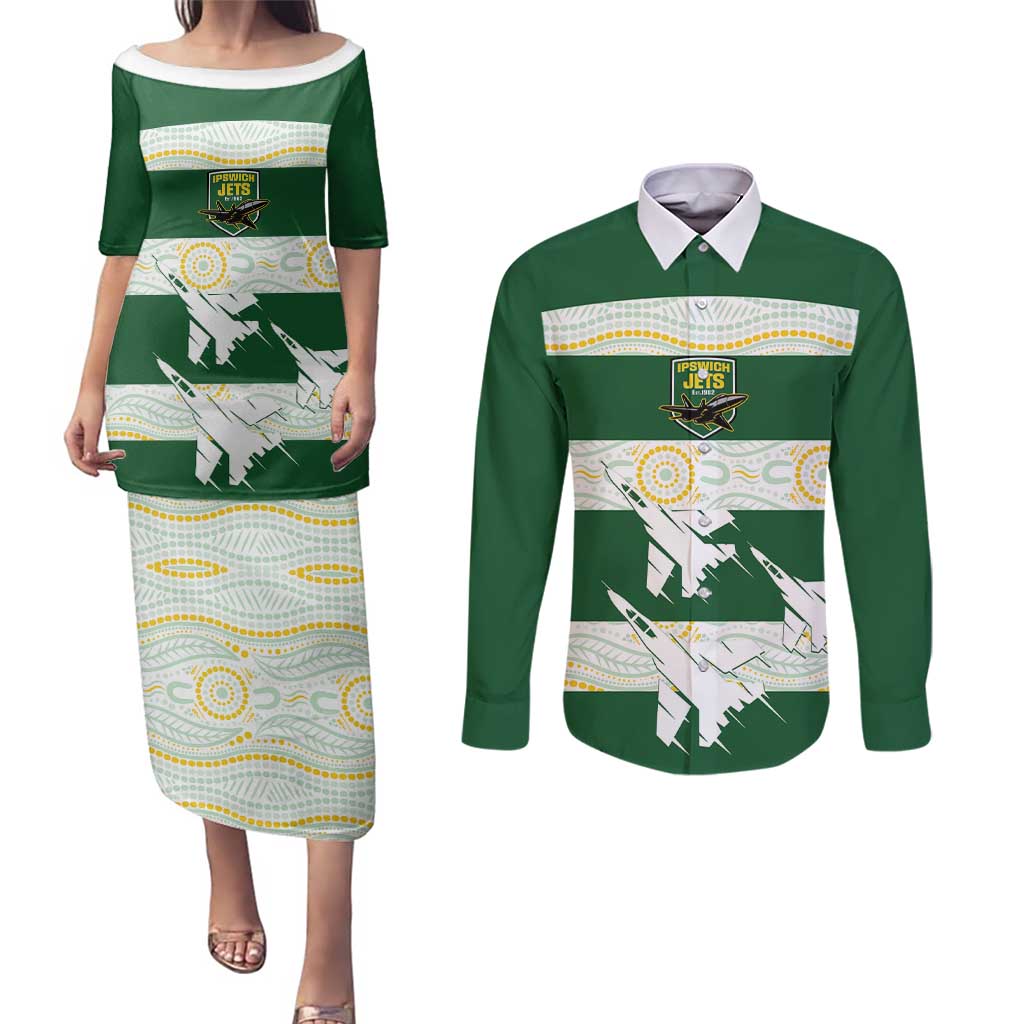 Ipswich Rugby Custom Couples Matching Puletasi and Long Sleeve Button Shirt Go Jets Aboriginal Art - Aussie Hoodie