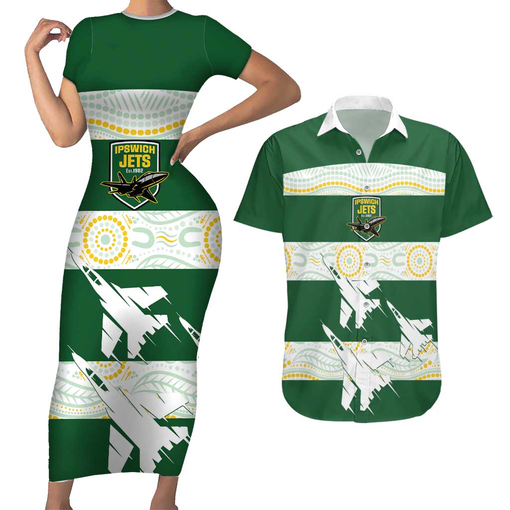 Ipswich Rugby Custom Couples Matching Short Sleeve Bodycon Dress and Hawaiian Shirt Go Jets Aboriginal Art - Aussie Hoodie