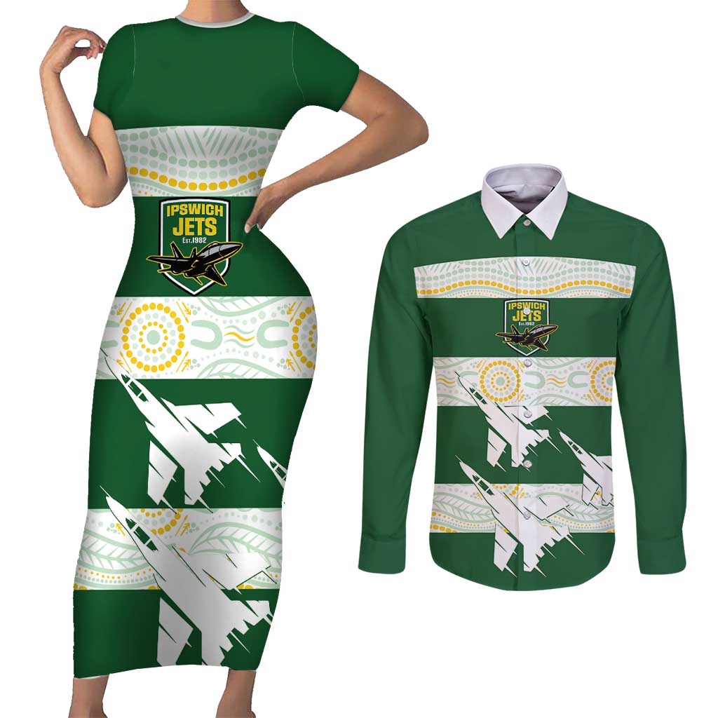 Ipswich Rugby Custom Couples Matching Short Sleeve Bodycon Dress and Long Sleeve Button Shirt Go Jets Aboriginal Art - Aussie Hoodie