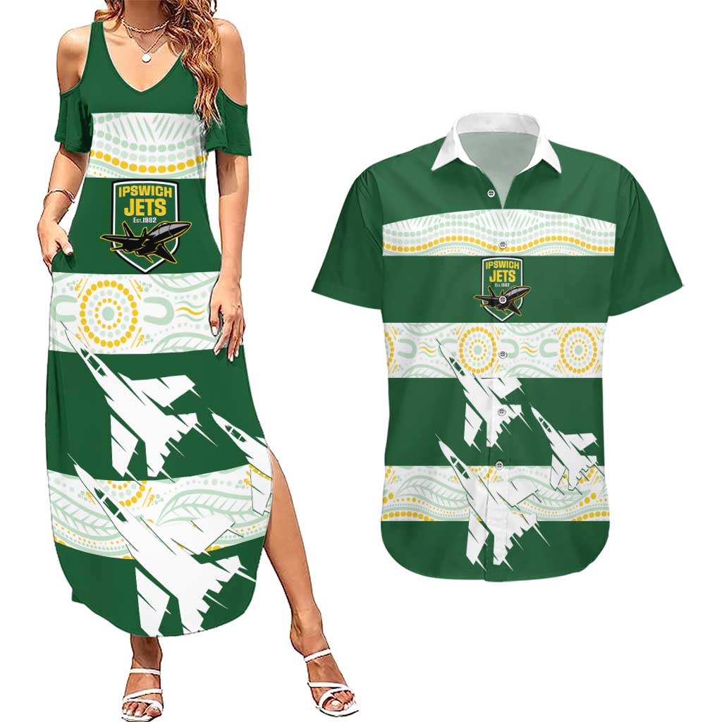 Ipswich Rugby Custom Couples Matching Summer Maxi Dress and Hawaiian Shirt Go Jets Aboriginal Art - Aussie Hoodie