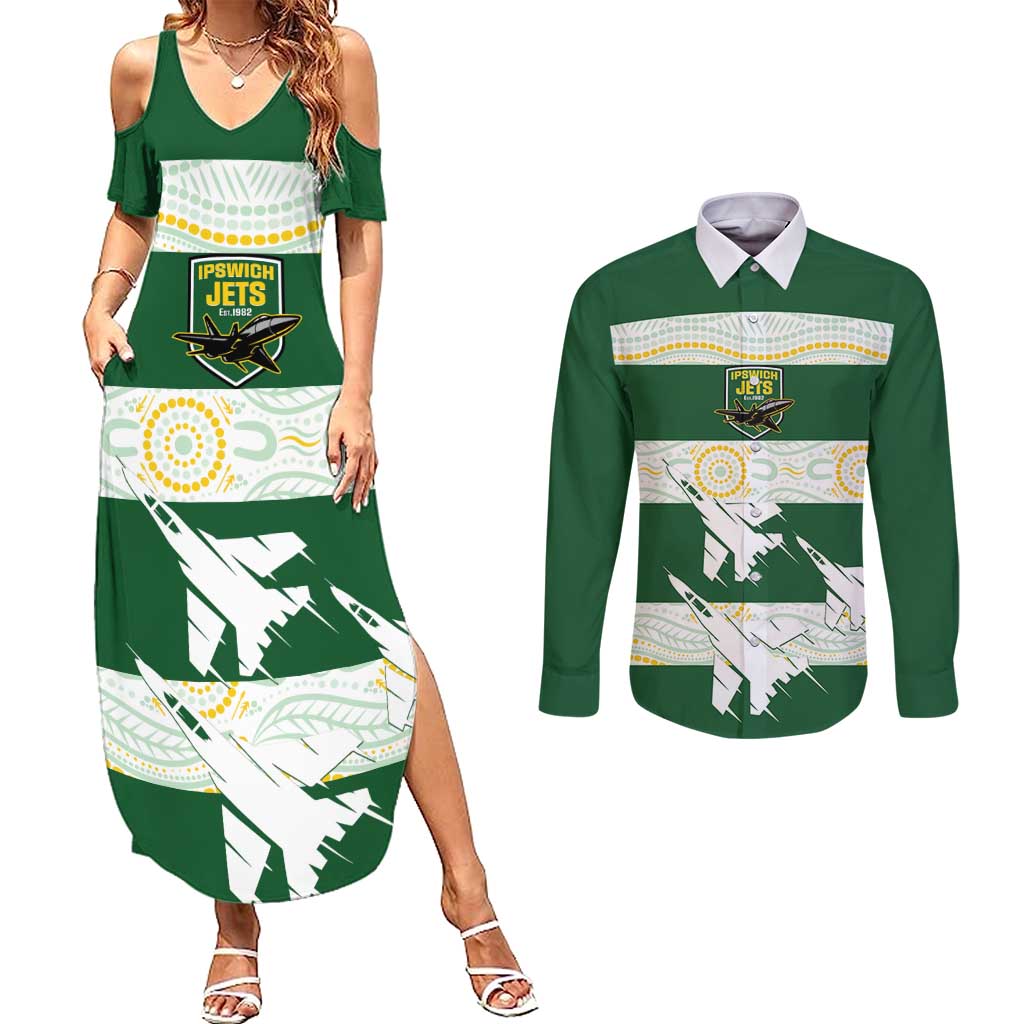 Ipswich Rugby Custom Couples Matching Summer Maxi Dress and Long Sleeve Button Shirt Go Jets Aboriginal Art - Aussie Hoodie