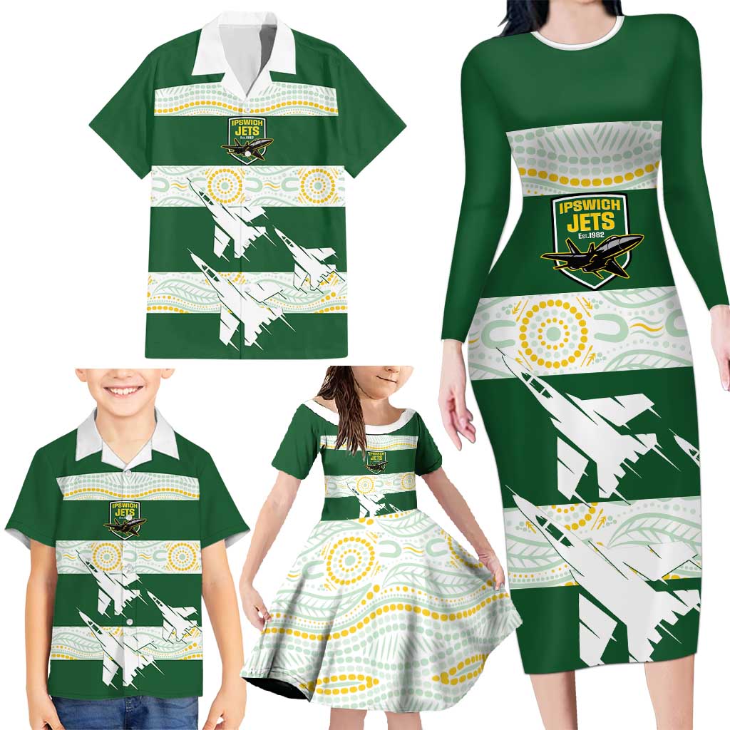Ipswich Rugby Custom Family Matching Long Sleeve Bodycon Dress and Hawaiian Shirt Go Jets Aboriginal Art - Aussie Hoodie