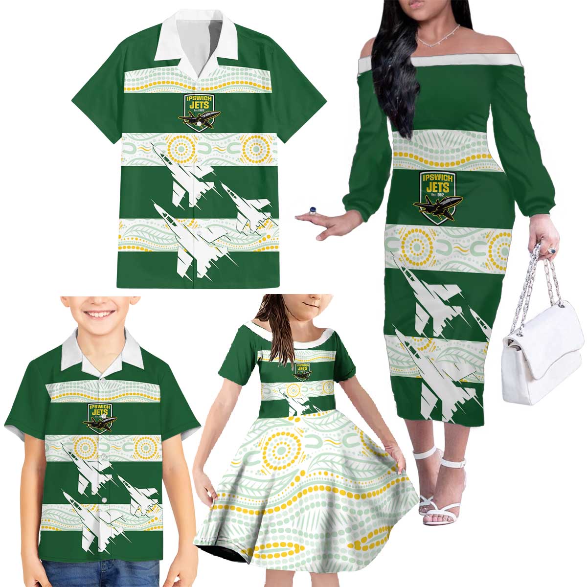 Ipswich Rugby Custom Family Matching Off The Shoulder Long Sleeve Dress and Hawaiian Shirt Go Jets Aboriginal Art - Aussie Hoodie