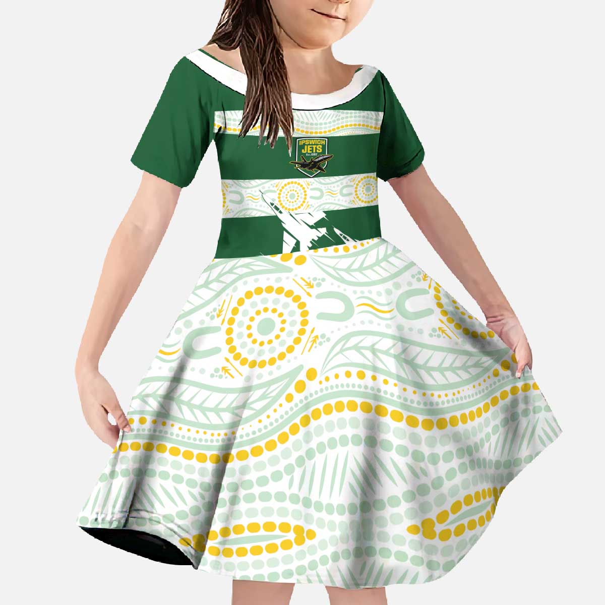 Ipswich Rugby Custom Family Matching Off The Shoulder Long Sleeve Dress and Hawaiian Shirt Go Jets Aboriginal Art - Aussie Hoodie