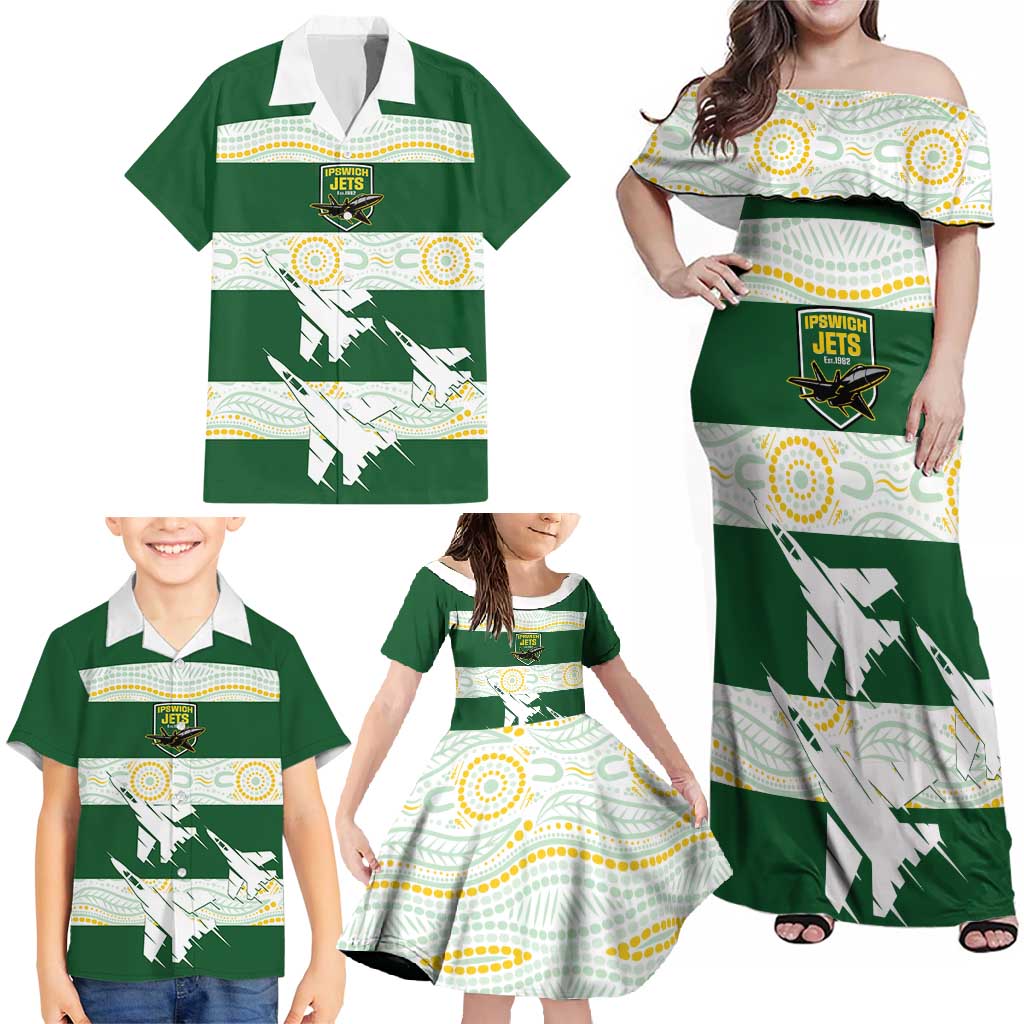 Ipswich Rugby Custom Family Matching Off Shoulder Maxi Dress and Hawaiian Shirt Go Jets Aboriginal Art - Aussie Hoodie