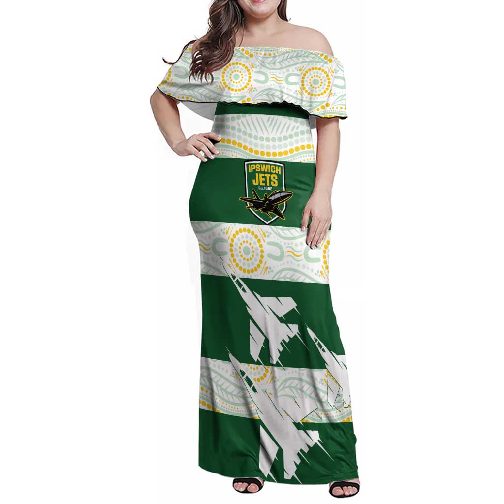Ipswich Rugby Custom Family Matching Off Shoulder Maxi Dress and Hawaiian Shirt Go Jets Aboriginal Art - Aussie Hoodie