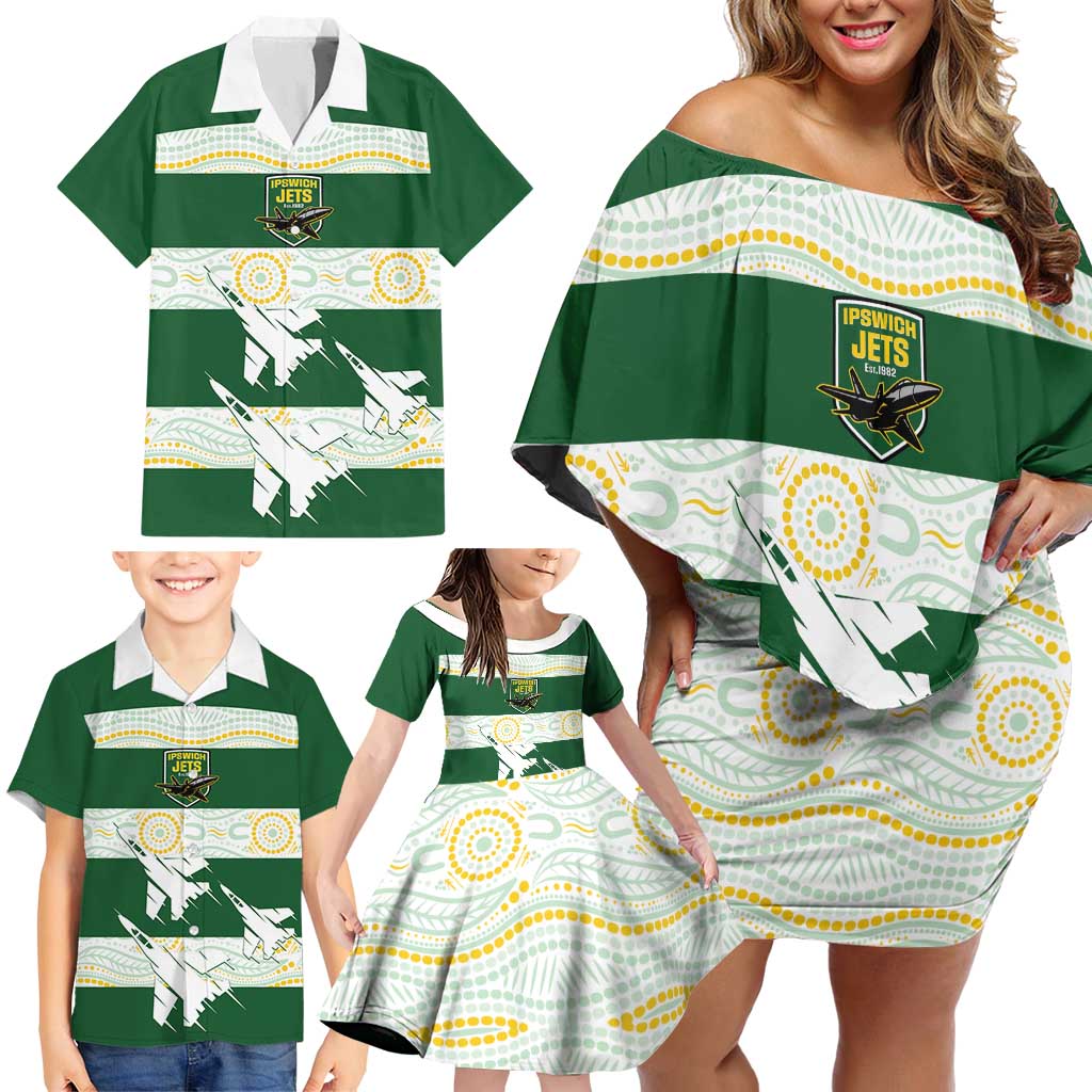Ipswich Rugby Custom Family Matching Off Shoulder Short Dress and Hawaiian Shirt Go Jets Aboriginal Art - Aussie Hoodie