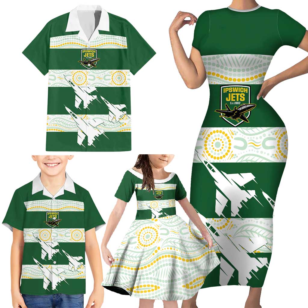 Ipswich Rugby Custom Family Matching Short Sleeve Bodycon Dress and Hawaiian Shirt Go Jets Aboriginal Art - Aussie Hoodie