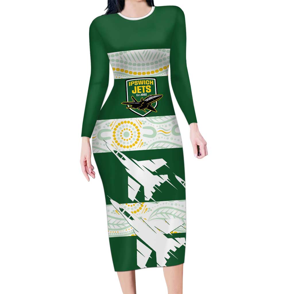 Ipswich Rugby Custom Long Sleeve Bodycon Dress Go Jets Aboriginal Art - Aussie Hoodie