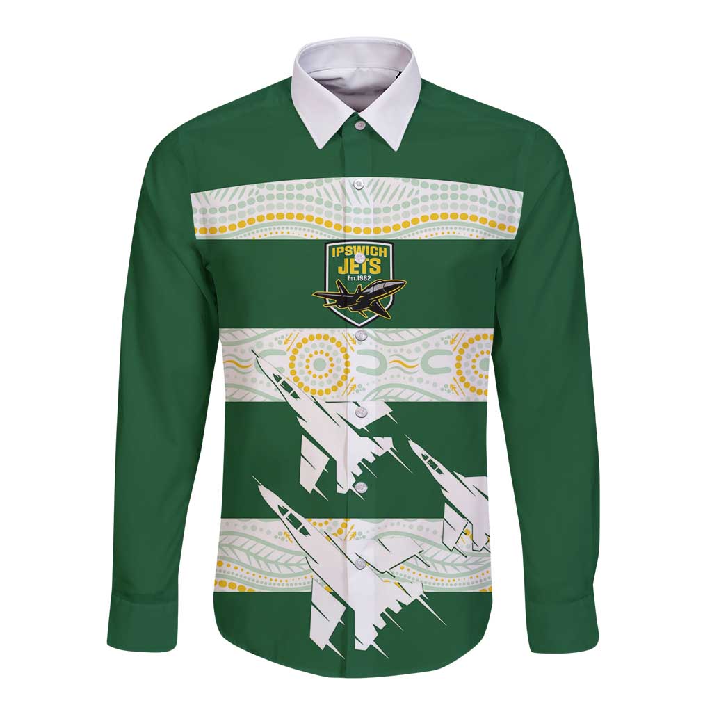 Ipswich Rugby Custom Long Sleeve Button Shirt Go Jets Aboriginal Art - Aussie Hoodie