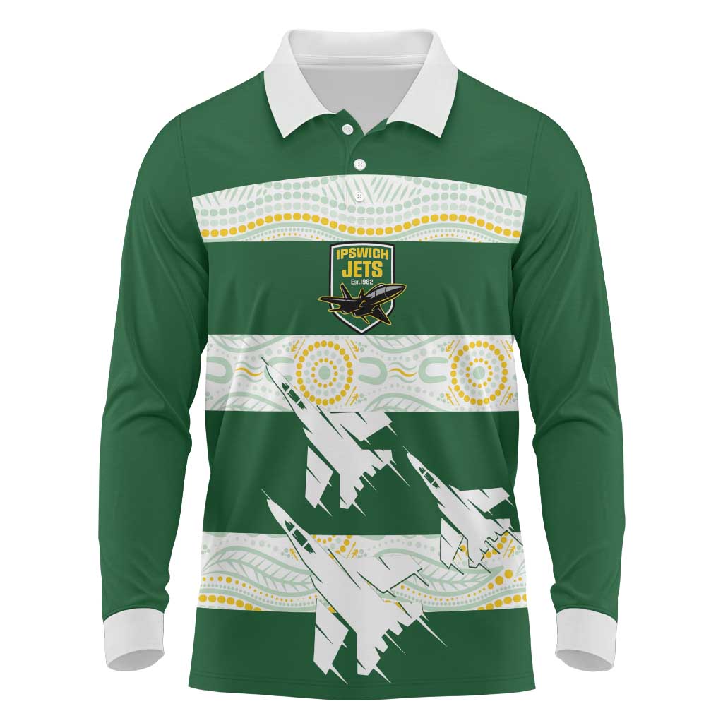 Ipswich Rugby Custom Long Sleeve Polo Shirt Go Jets Aboriginal Art - Aussie Hoodie
