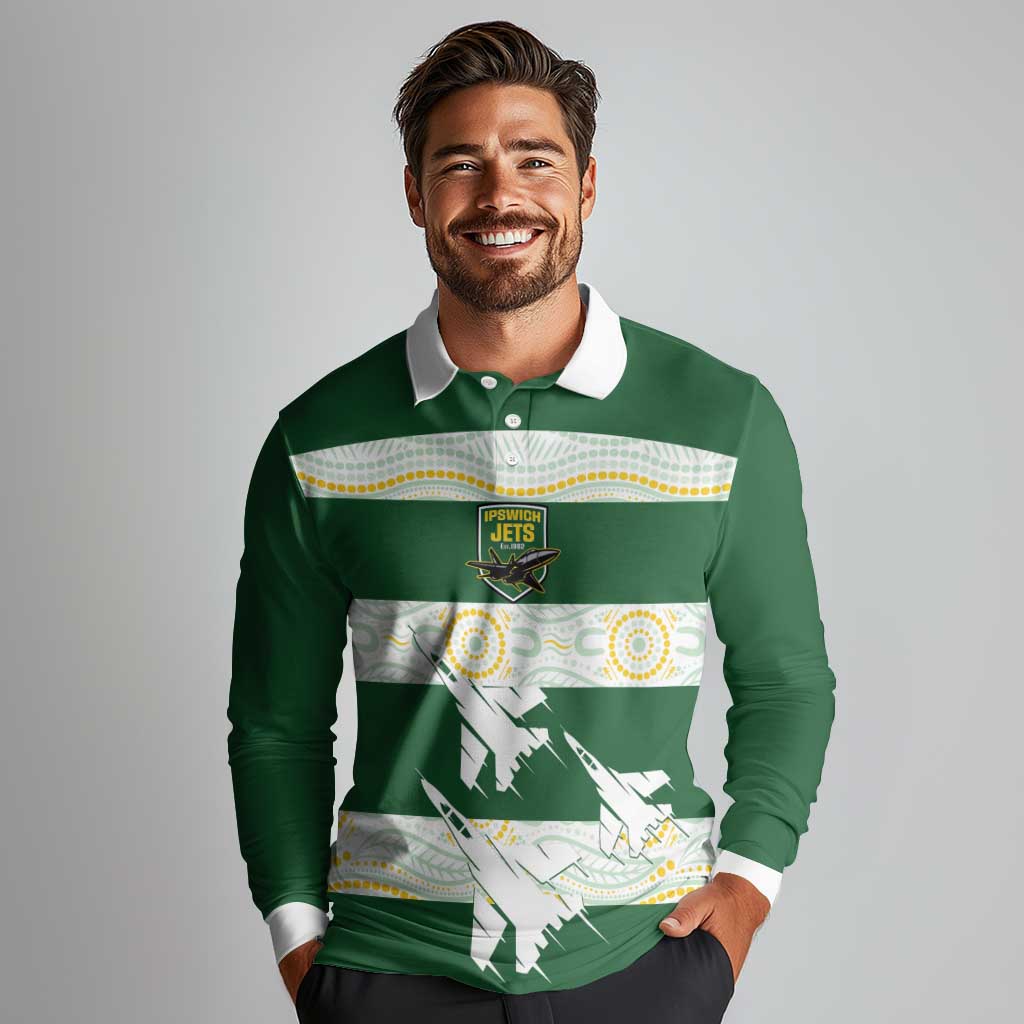 Ipswich Rugby Custom Long Sleeve Polo Shirt Go Jets Aboriginal Art - Aussie Hoodie