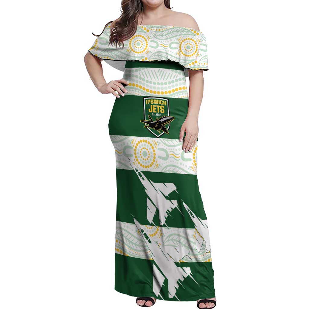 Ipswich Rugby Custom Off Shoulder Maxi Dress Go Jets Aboriginal Art - Aussie Hoodie