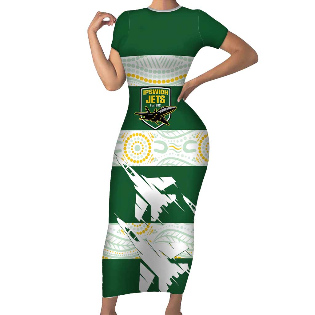 Ipswich Rugby Custom Short Sleeve Bodycon Dress Go Jets Aboriginal Art - Aussie Hoodie
