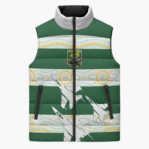 Ipswich Rugby Custom Sleeveless Puffer Jacket Go Jets Aboriginal Art - Aussie Hoodie