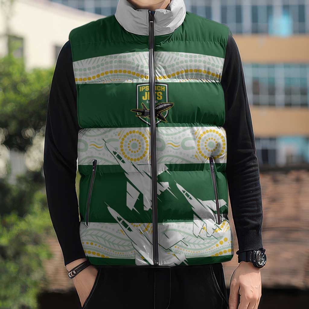 Ipswich Rugby Custom Sleeveless Puffer Jacket Go Jets Aboriginal Art - Aussie Hoodie