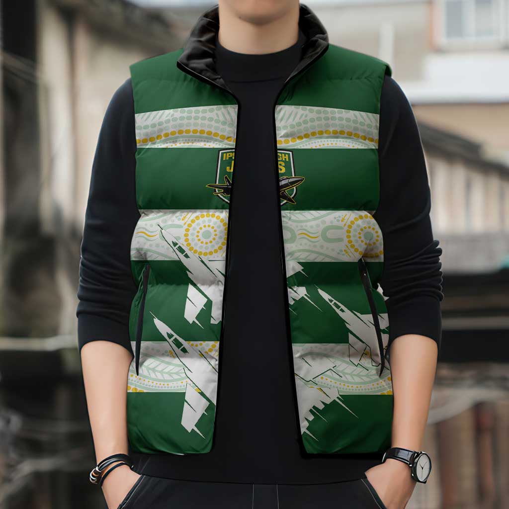 Ipswich Rugby Custom Sleeveless Puffer Jacket Go Jets Aboriginal Art - Aussie Hoodie