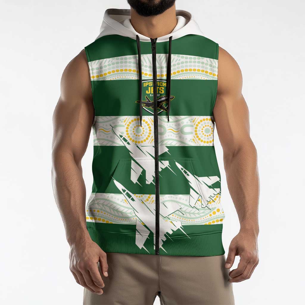 Ipswich Rugby Custom Sleeveless Zip Hoodie Go Jets Aboriginal Art LT14