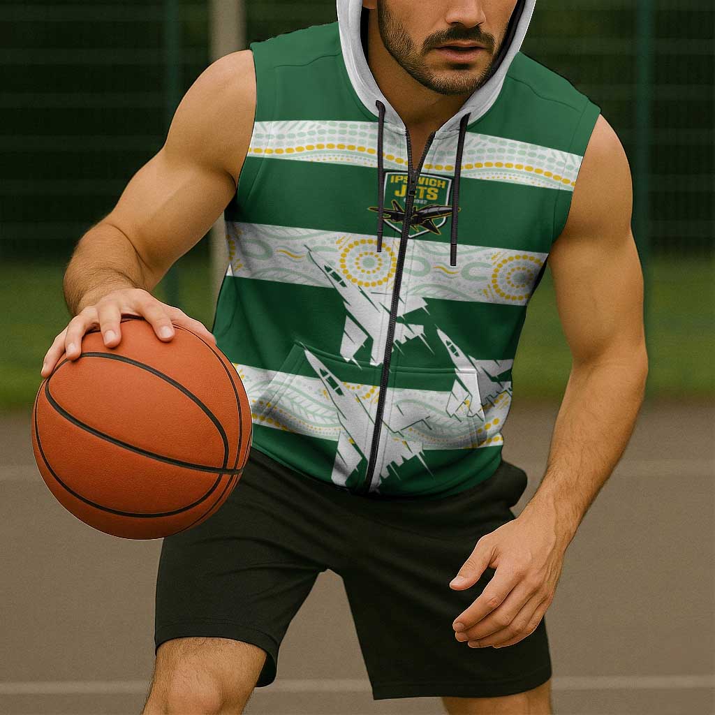 Ipswich Rugby Custom Sleeveless Zip Hoodie Go Jets Aboriginal Art LT14