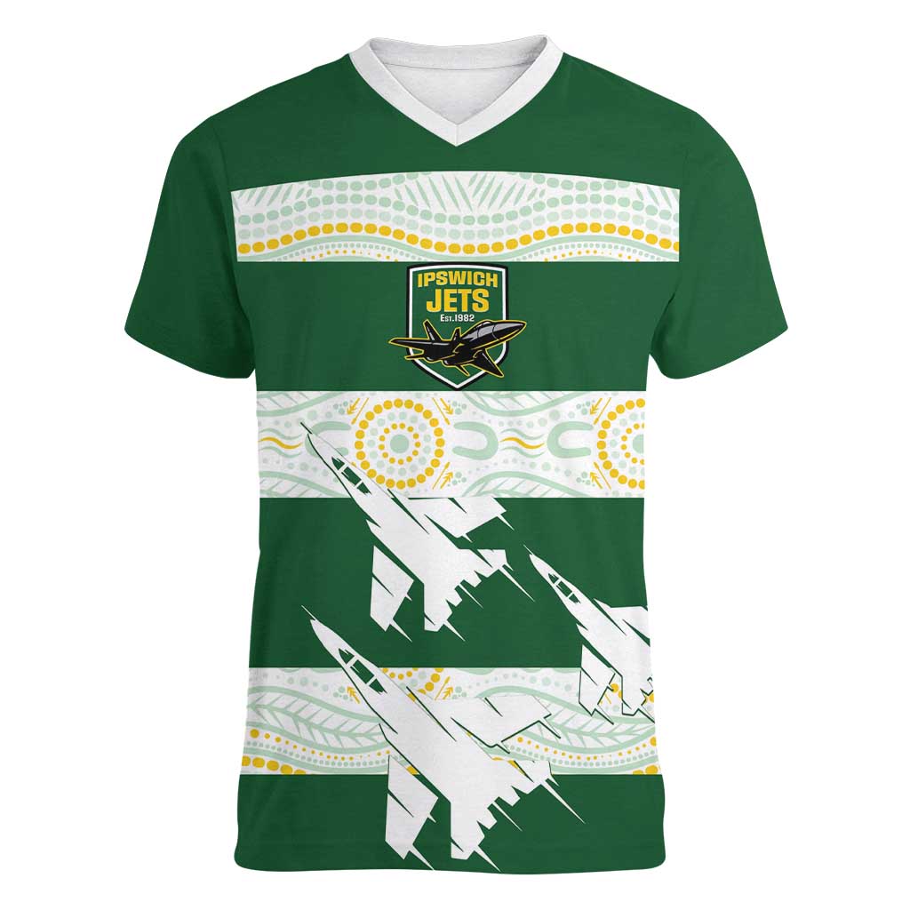 Ipswich Rugby Custom Women V-Neck T-Shirt Go Jets Aboriginal Art - Aussie Hoodie