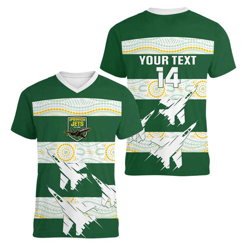Ipswich Rugby Custom Women V-Neck T-Shirt Go Jets Aboriginal Art - Aussie Hoodie