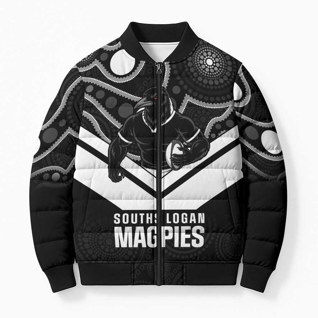 Souths Rugby Custom Bomber Puffer Jacket Go Magpies Mascot Aboriginal Art - Aussie Hoodie