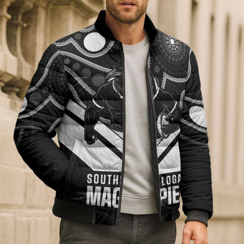 Souths Rugby Custom Bomber Puffer Jacket Go Magpies Mascot Aboriginal Art - Aussie Hoodie