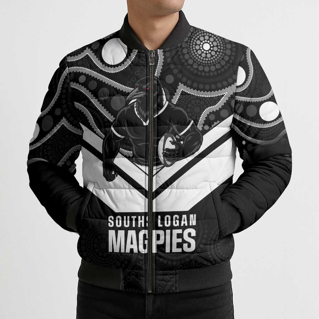 Souths Rugby Custom Bomber Puffer Jacket Go Magpies Mascot Aboriginal Art - Aussie Hoodie