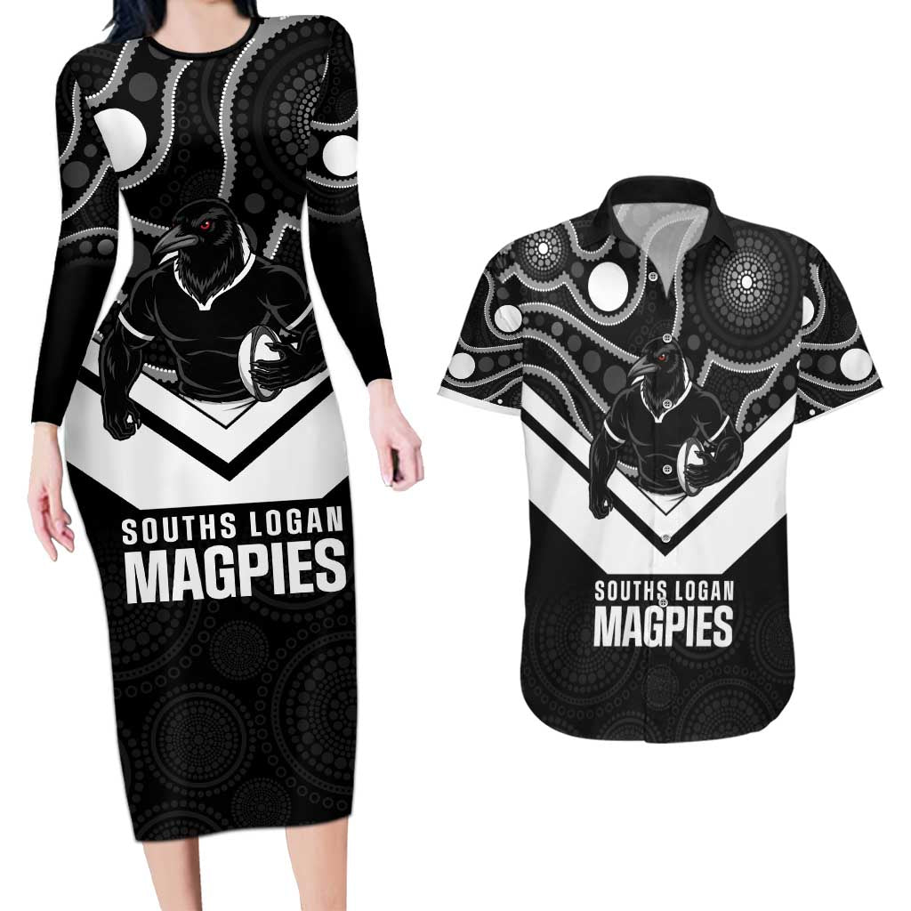 Souths Rugby Custom Couples Matching Long Sleeve Bodycon Dress and Hawaiian Shirt Go Magpies Mascot Aboriginal Art - Aussie Hoodie