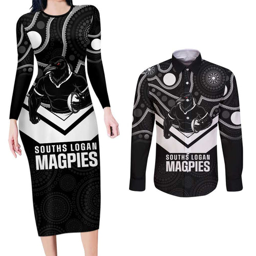 Souths Rugby Custom Couples Matching Long Sleeve Bodycon Dress and Long Sleeve Button Shirt Go Magpies Mascot Aboriginal Art - Aussie Hoodie