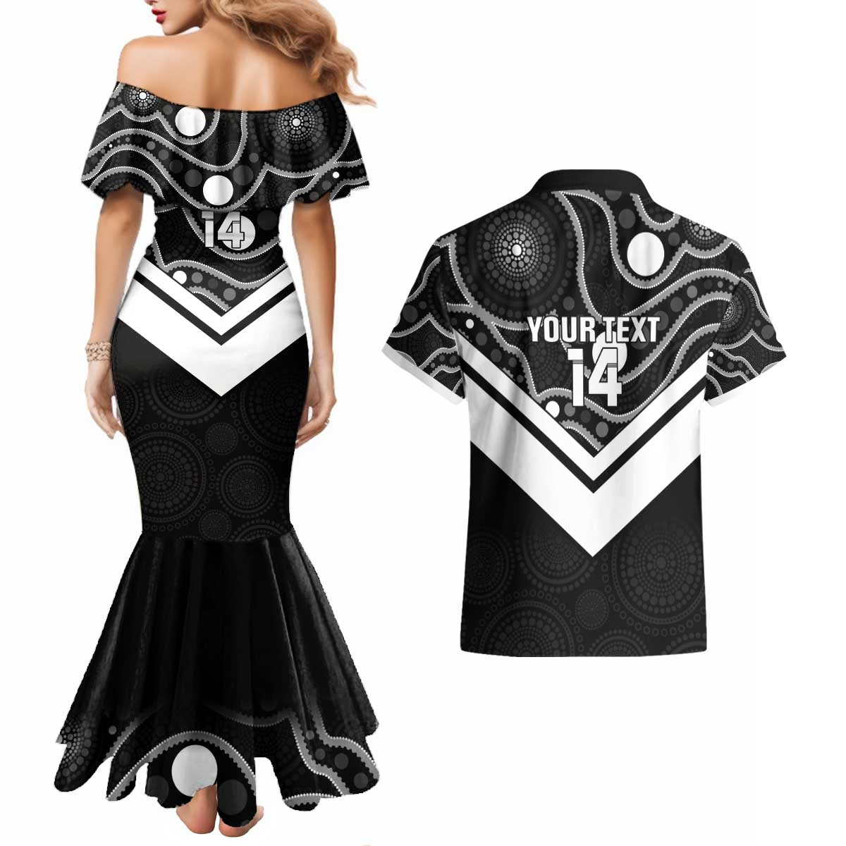Souths Rugby Custom Couples Matching Mermaid Dress and Hawaiian Shirt Go Magpies Mascot Aboriginal Art - Aussie Hoodie