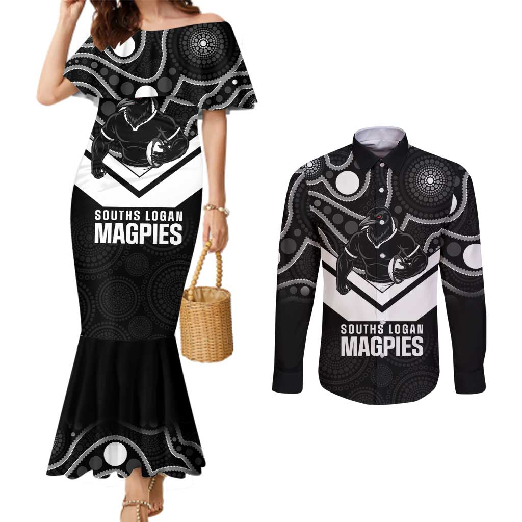 Souths Rugby Custom Couples Matching Mermaid Dress and Long Sleeve Button Shirt Go Magpies Mascot Aboriginal Art - Aussie Hoodie