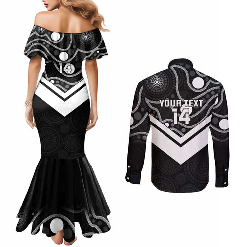 Souths Rugby Custom Couples Matching Mermaid Dress and Long Sleeve Button Shirt Go Magpies Mascot Aboriginal Art - Aussie Hoodie