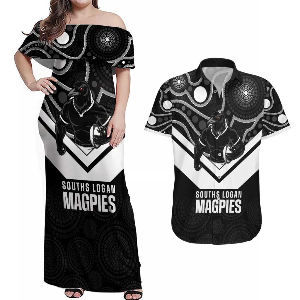 Souths Rugby Custom Couples Matching Off Shoulder Maxi Dress and Hawaiian Shirt Go Magpies Mascot Aboriginal Art - Aussie Hoodie