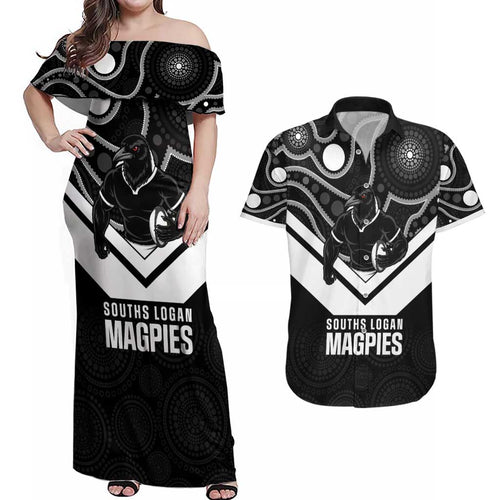 Souths Rugby Custom Couples Matching Off Shoulder Maxi Dress and Hawaiian Shirt Go Magpies Mascot Aboriginal Art - Aussie Hoodie