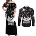 Souths Rugby Custom Couples Matching Off Shoulder Maxi Dress and Long Sleeve Button Shirt Go Magpies Mascot Aboriginal Art - Aussie Hoodie