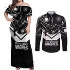 Souths Rugby Custom Couples Matching Off Shoulder Maxi Dress and Long Sleeve Button Shirt Go Magpies Mascot Aboriginal Art - Aussie Hoodie