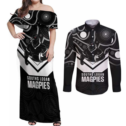 Souths Rugby Custom Couples Matching Off Shoulder Maxi Dress and Long Sleeve Button Shirt Go Magpies Mascot Aboriginal Art - Aussie Hoodie