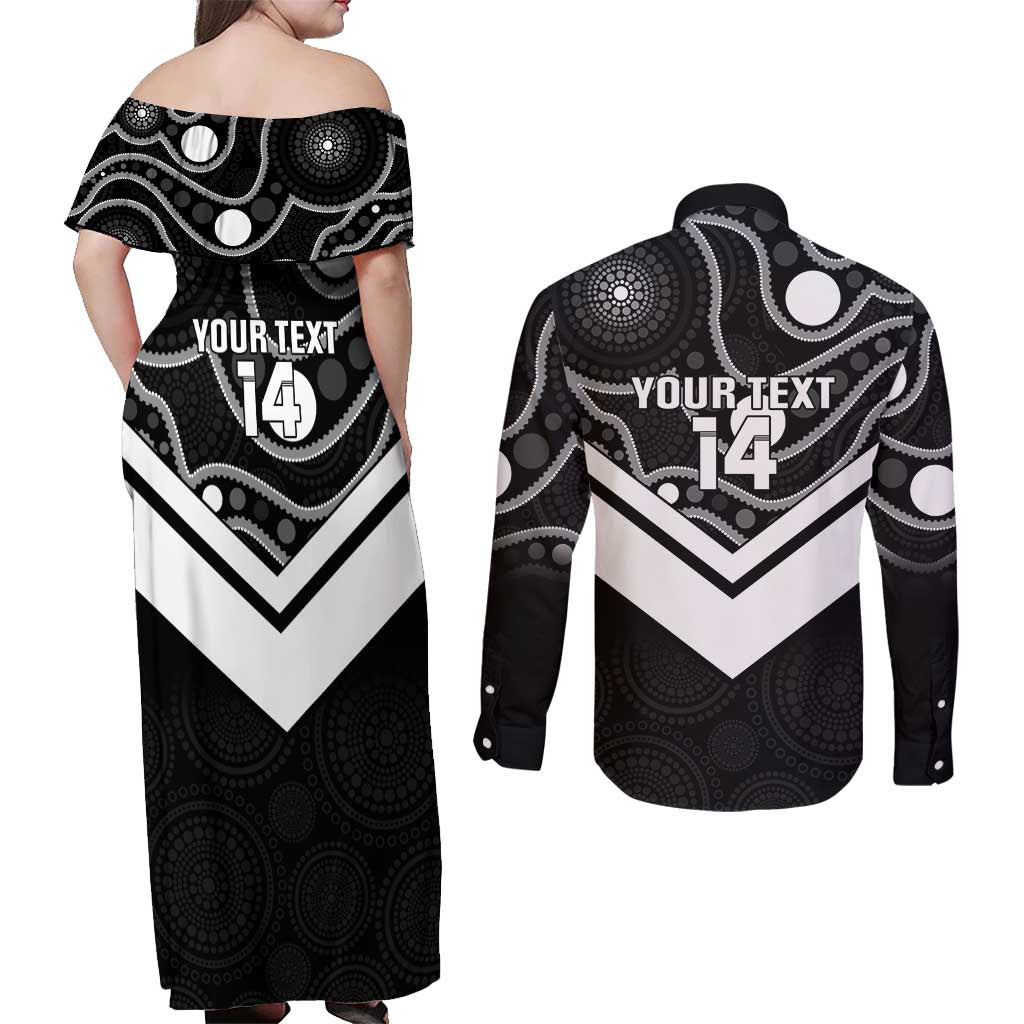 Souths Rugby Custom Couples Matching Off Shoulder Maxi Dress and Long Sleeve Button Shirt Go Magpies Mascot Aboriginal Art - Aussie Hoodie