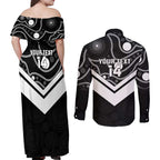 Souths Rugby Custom Couples Matching Off Shoulder Maxi Dress and Long Sleeve Button Shirt Go Magpies Mascot Aboriginal Art - Aussie Hoodie