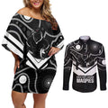 Souths Rugby Custom Couples Matching Off Shoulder Short Dress and Long Sleeve Button Shirt Go Magpies Mascot Aboriginal Art - Aussie Hoodie
